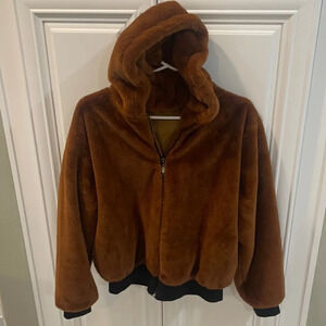 Odiva faux fur plush bomber jacket brown size M